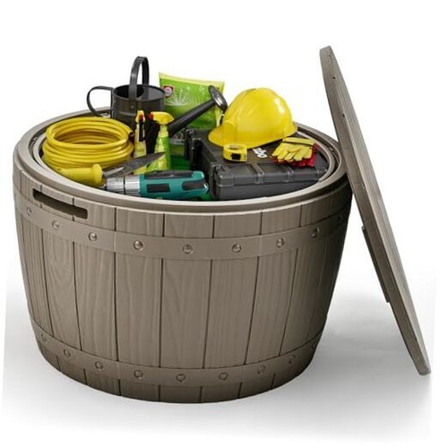 Outdoor Resin Storage Container, 33-Gallon Round Deck Organizer Light Brown