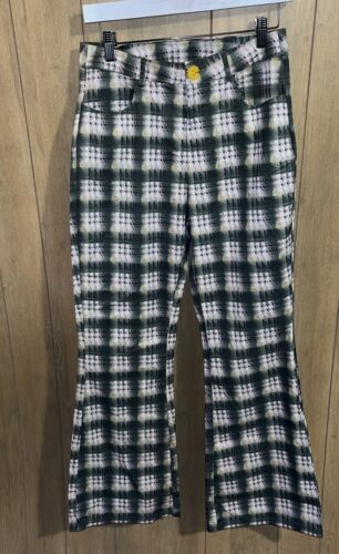Cider Flower Button Checkered Flared Trousers Pants Green/Tan/Yellow Flare M - Afbeelding 1 van 13