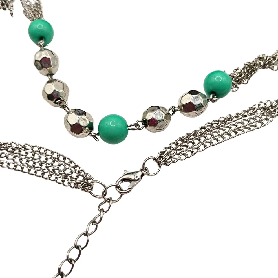 Vintage Estate Womens Silver Tone Beaded Long Chain Necklace Green Faceted Boho - Image 2 of 3