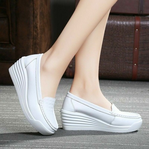 New Women White Comfort Wedge Heel Slip On Loafers Nurse Shoes Casual Work Shoes - Picture 3 of 12