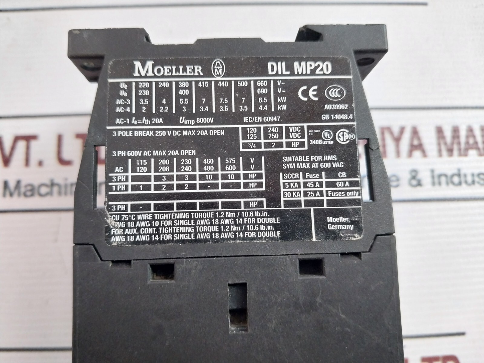 Moeller DIL MP20 Contactor 20A 8000V