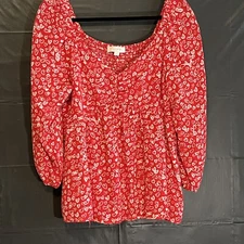 Loft Sz12 Red W/white Hearts 3/4 Sleeve Lined Top
