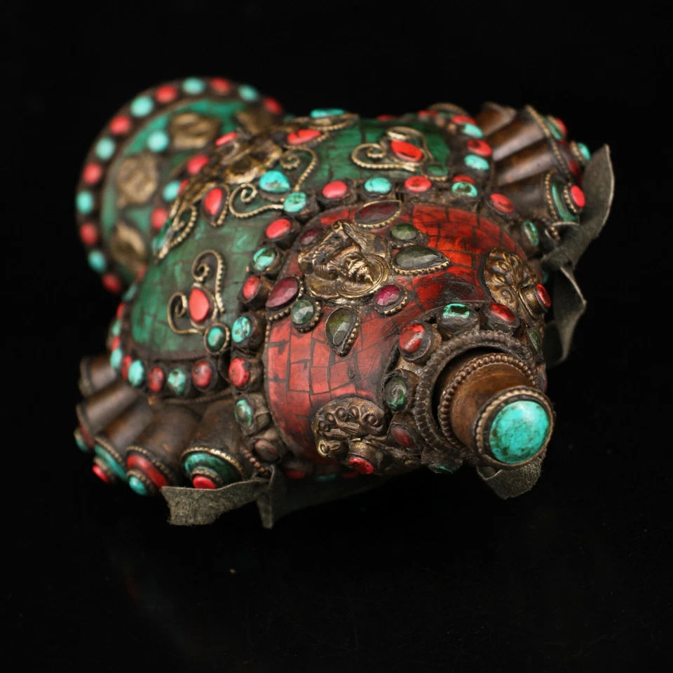 Botella de tabaco de bronce budismo China Tíbet 25 cm incrustación gema turquesa Foto 4 de 4