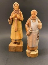 Rothenburg Carved Wood Woman Knitting & Carved unmarked Friar w Stein Painted