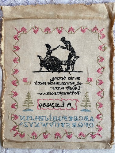 Vintage Antique Sampler with Romantic Couple & Poem 1930 by L.B.W. YY253 - Picture 6 of 7
