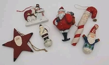 6 Primitive Country Santa Claus Christmas Ornaments Mixed Materials (Group B)