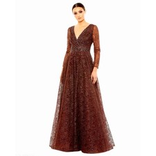 Mac Duggal Embellished Illusion Long Sleeve V-Neck Gown Chocolate 12