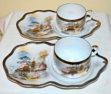 Kutani Eggshell Porcelain Set - 6 Dinner Plates and 4 Cups with Saucers, Geisha & Wisteria Motif — listing 3