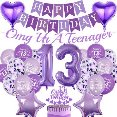 13th Decorations Ballons Girls - 28 Pcs Purple Happy Banner Omg Ur A Teenager...