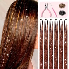 Brown Hair Tinsel Kit with Tools and Instruction Easy to Use 1200 Strands 48 ...