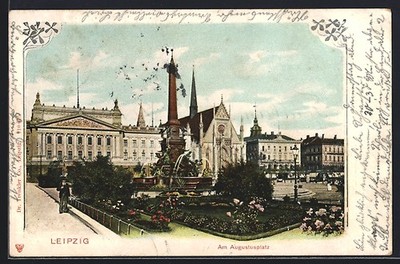 Leipzig, Augustusplatz mit Brunnen und Oper, Ansichtskarte 1902 