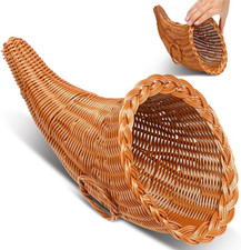 Autumn Rattan Ox Horn Shaped Cornucopia Basket, Multifunctional Fruit Bread Stor