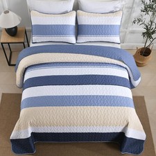 Blue Boho Quilt Set Queen Size, Fall Striped Bedspread Lightweight Farmhouse ...