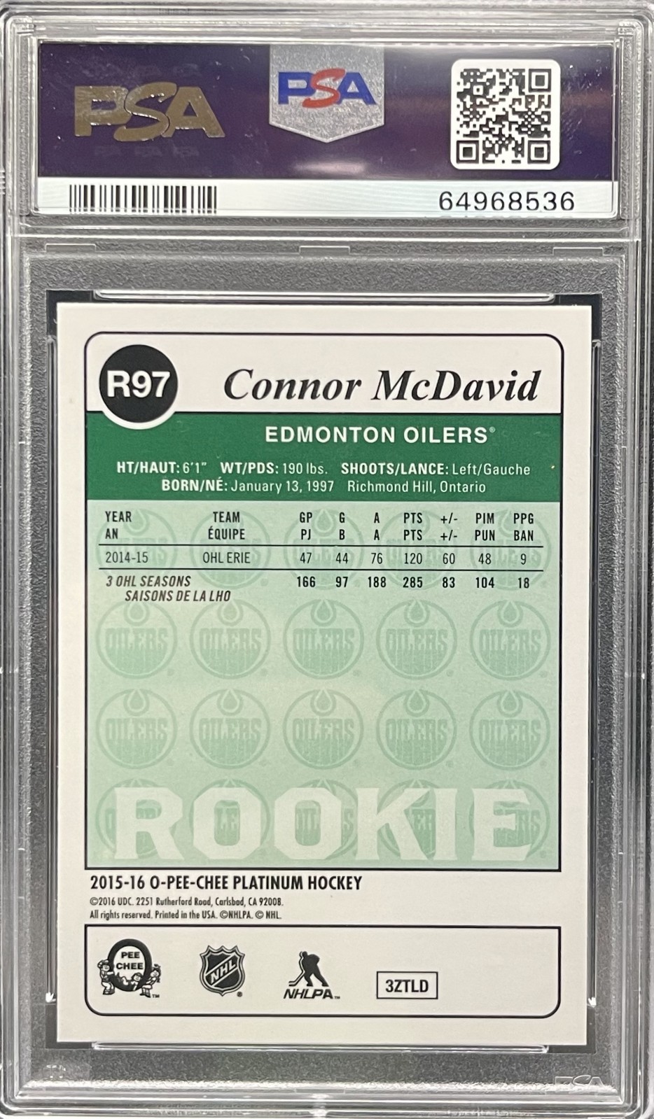 2015 OPC Platinum CONNOR MCDAVID Retro #R97 (PSA 9) view 2