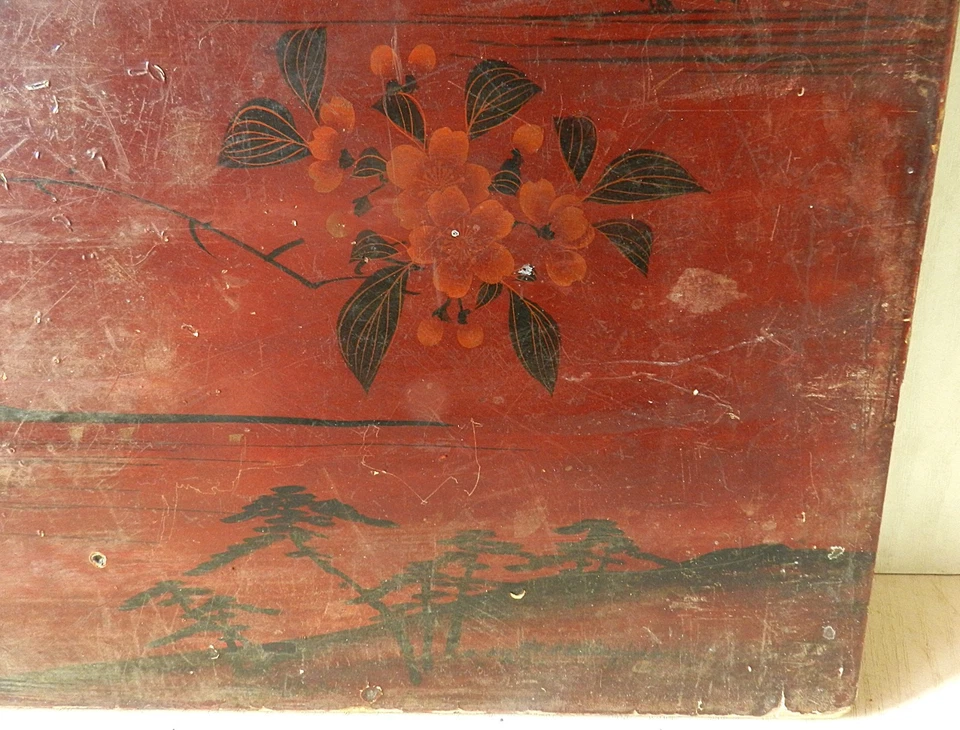 Chine *Ancien Plateau / Dessus de Table Basse Laqué Sang de Bœuf *Scène Lacustre - Photo 4/4