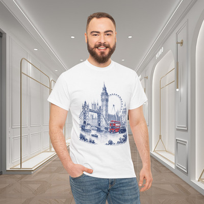 London Landmarks Big Ben Tower Bridge Red Bus Graphic T-Shirt