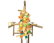 Hanging Parrot Chew Toy: Corn Husk, Beads, Blocks - 12in