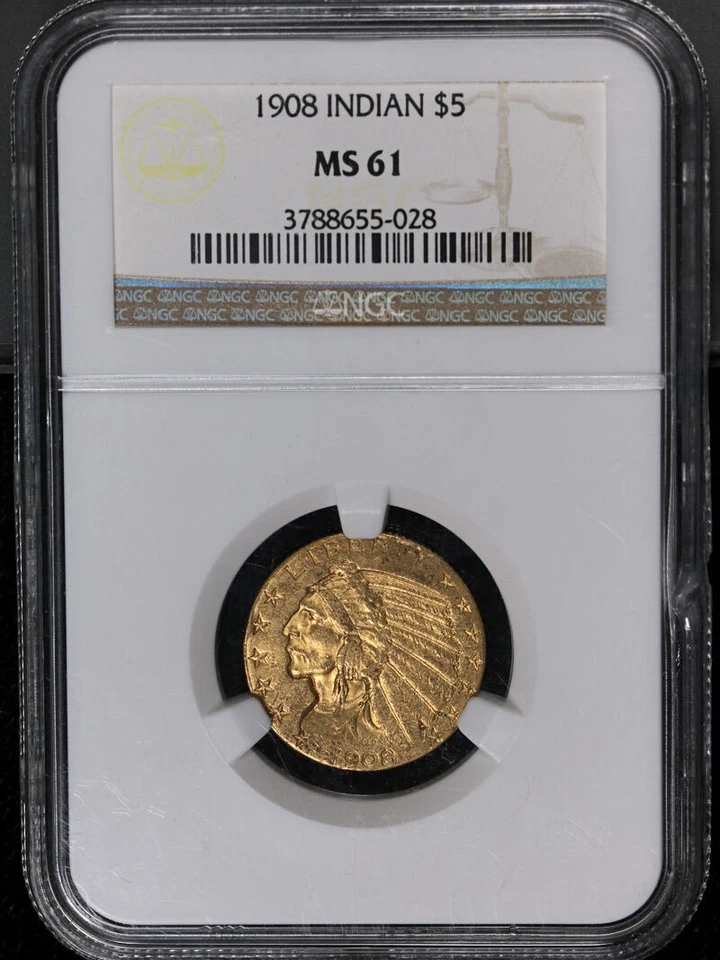 1908-P Indian Gold $5 NGC MS61 Decent Eye Appeal Nice Strike - Image 3 of 4