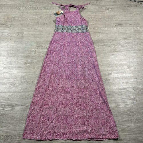 Prana Skye Maxi Dress Womens Medium Fuchsia Long Halter Built in Shelf Bra NEW