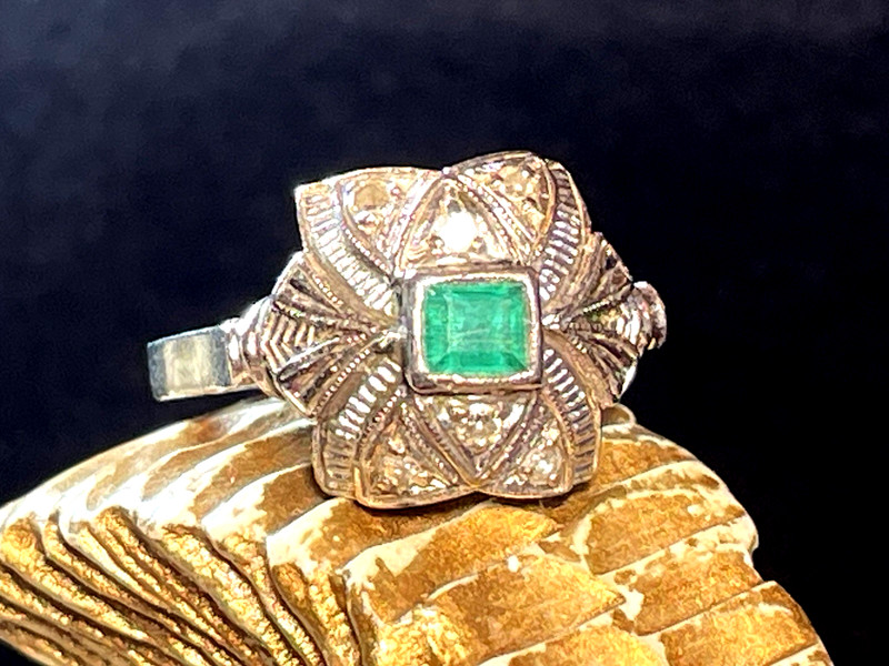 18K GOLD ANTIQUE EMERALD & DIAMOND RING NATURAL GEMSTONE ART DECO 4.7 GRAMS
