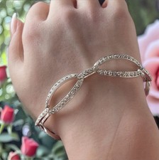 Vintage Monet Silver Tone Rhinestone Oval Links  Bracelet -  7” - Foldover Clasp