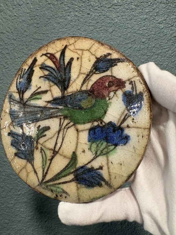 Antique Persian Iznik Qajar Style Round Clay Pottery Tile Bird With Blue Flowers
