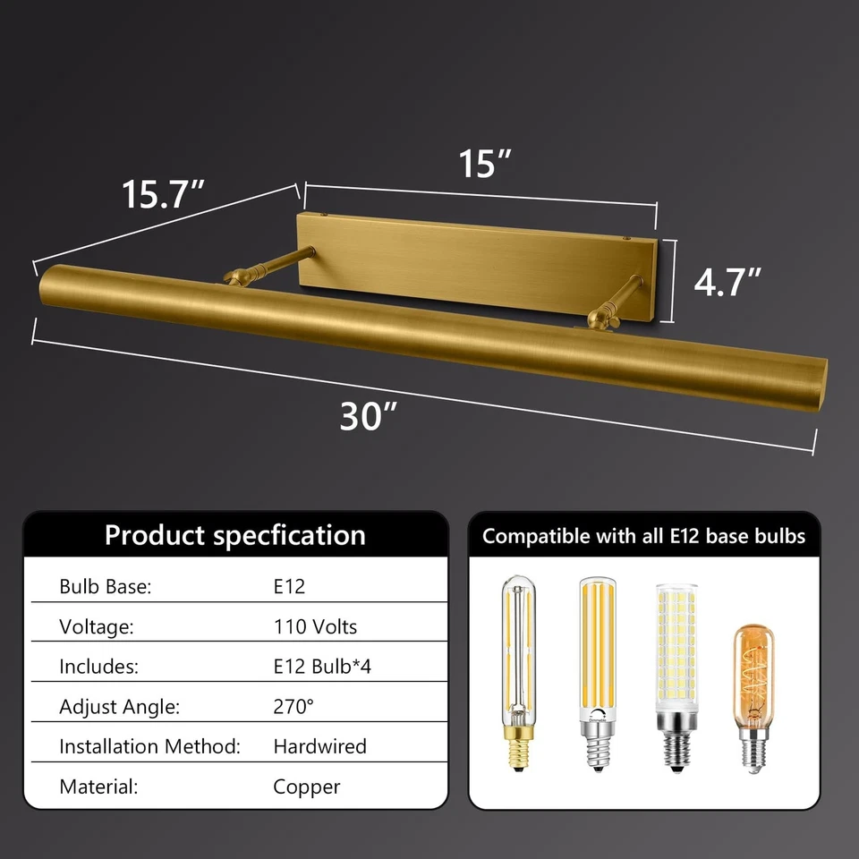 30-дюймовый проводной антикварный латунный светильник для картин 4... - Изображение 2 из 4
