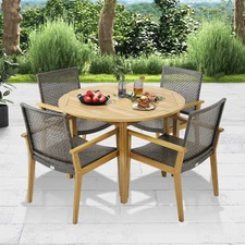 5 PCS Patio Dining Set Round Acacia Wood Table 4 Armchairs for Garden Backyard