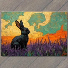 Art Print Black Bunny Twilight Swirls Lavender Meadow Vibrant Mountain View