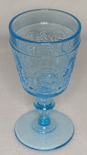 Vintage Aqua/Blue Westward Ho Pressed Glass Water Goblet Bison Deer Cabin - Picture 3 of 5