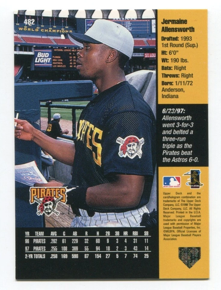 1998 Upper Deck Jermaine Allensworth Signed Card Baseball Autographed AUTO #482 - Image 2 of 2