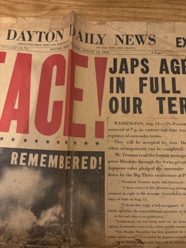 WWII Japanese Surrender August 14, 1945 Front Page Headline News Dayton, Ohio - Picture 3 of 5