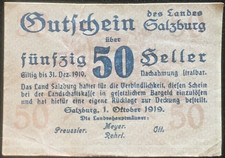 50 Heller Land Salzburg 1919 Small Emergency Money Note Austria #24.04.e