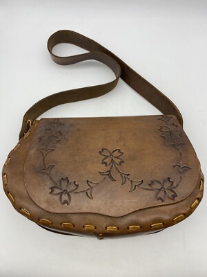Vintage 1960s 70s tooled leather SHOULDER BAG Purse HAND MADE