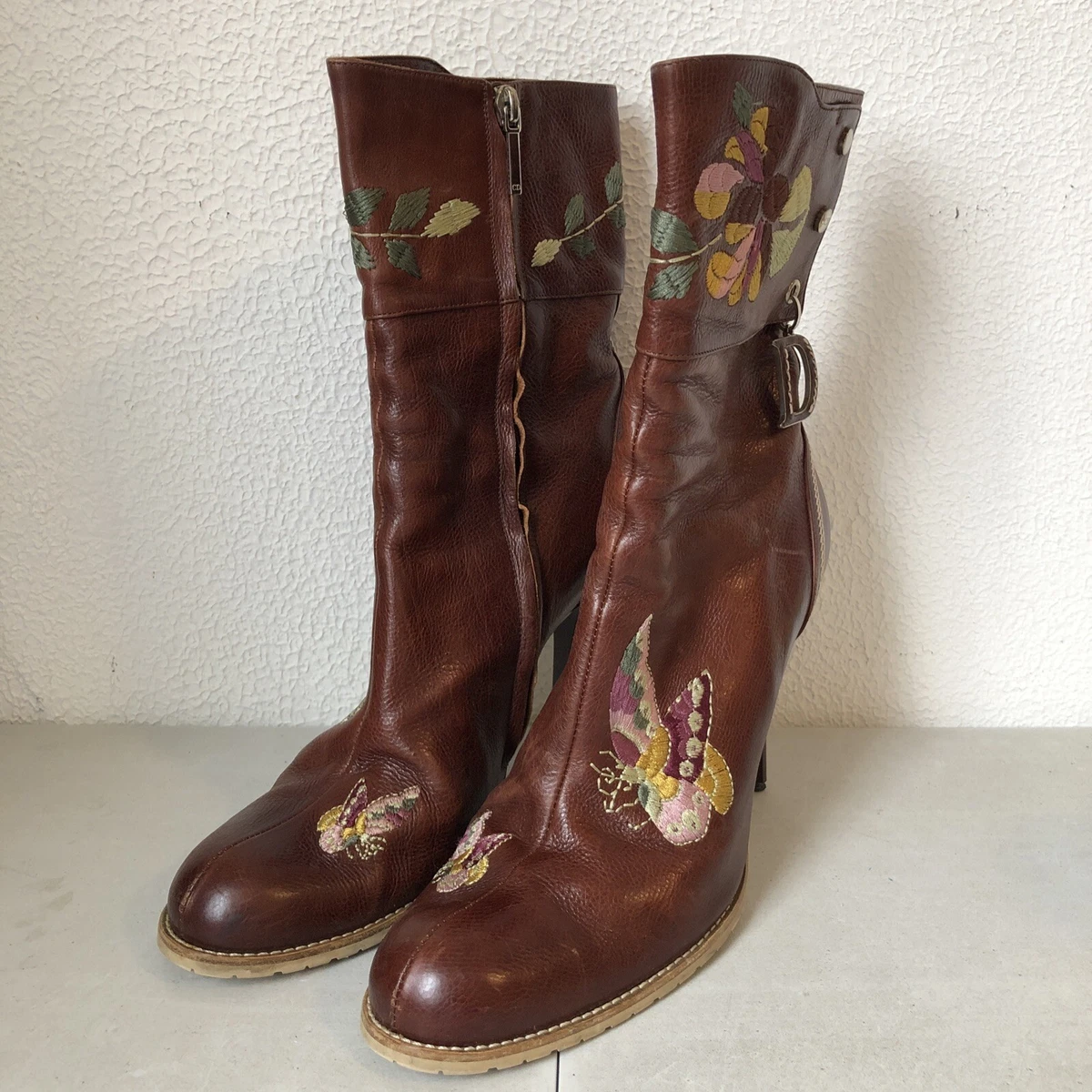 Christian Dior Brown Leather Embroidered Ankle Boots Size 40 Dior