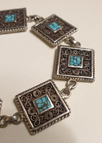 Sterling silver 30 grams Turquoise filigree square link bracelet - Picture 1 of 10