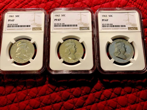 1961, 1962, 1963 Silver Proof Franklin Half 50c NGC PF67. Mirror Like Surfaces!