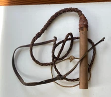 Long Braided Leather Cowboy Whip with Wooden Handle (from Montana) 61 inches