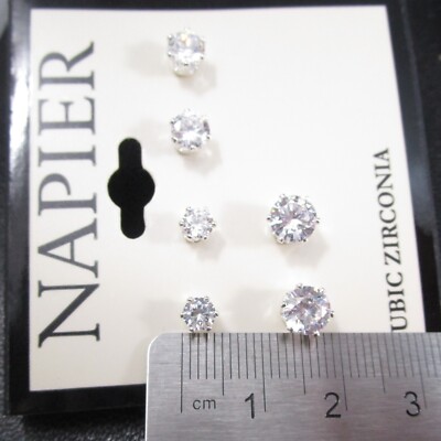 New NAPIER Silver Tone 3 Pairs Cubic Zirconia Stud Post Pierced