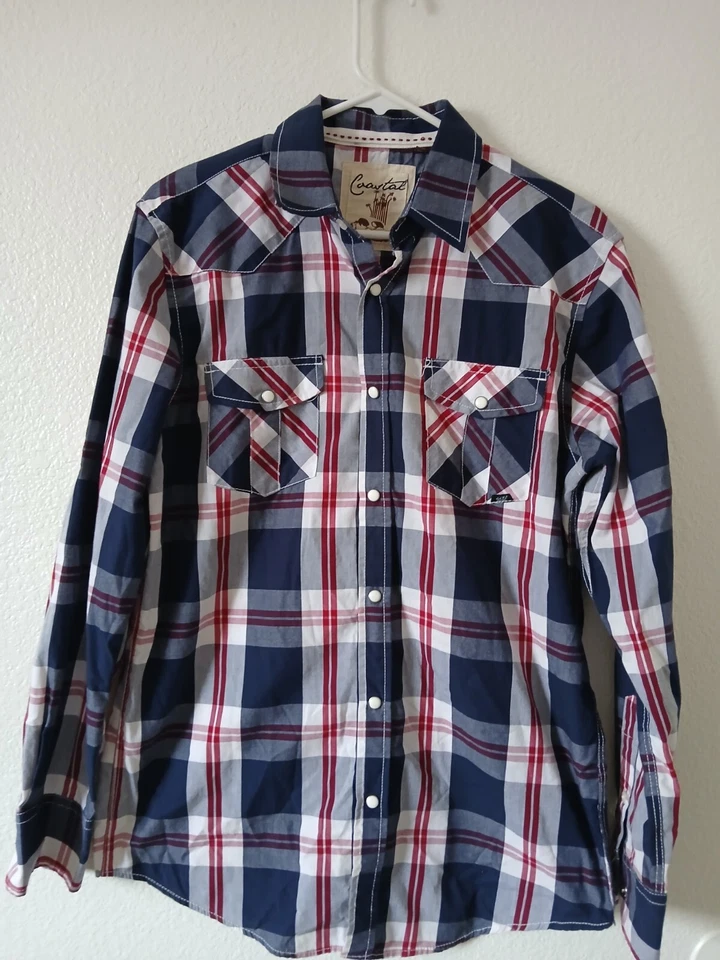 Coastal Shirt Men's Medium Blue Red Plaid Western Cowboy Tab Roll Sleeves Snap - Image 2 of 4