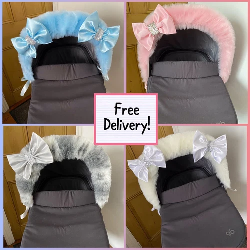 Gorgeous Fluffy -Faux Fur- Pram HOOD TRIM & BOW Sets Fur Hood Bling Pram/Carseat