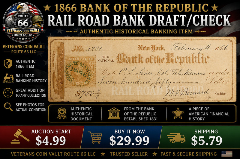 1866 National Bank of the Republic Bank Draft Check $750 Civil War Era Stamped