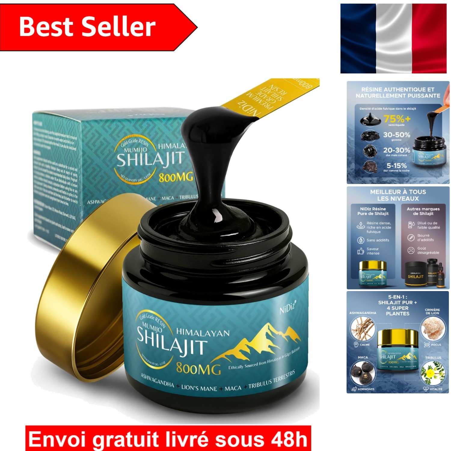 Shilajit 50g Pur - Résine 800mg aux Herbes Ayurvédiques de Haute Qualité pour Sportifs