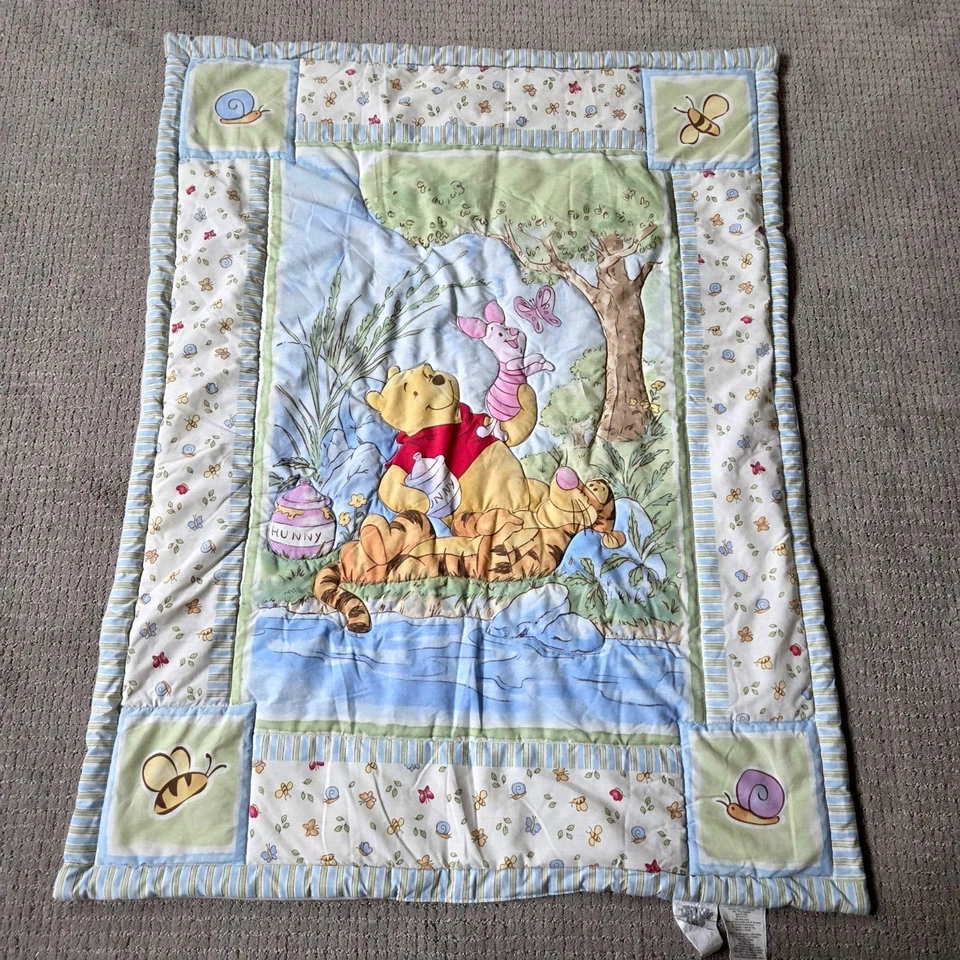 Vintage Winnie the Pooh Quilt Cream Green Pooh Tigger Piglet Blanket 44X34 - Image 2 of 4