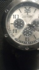 Zoo York Analog Chronograph Wristwatch, Black Leather Band, Silver Dial