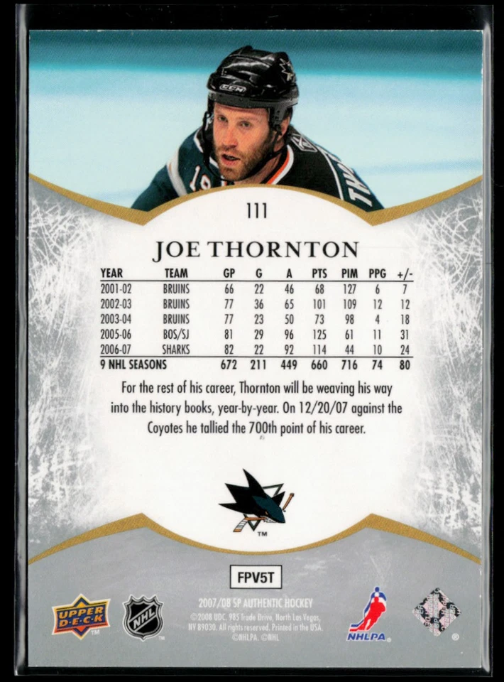 2007-08 SP Authentic #111 Joe Thornton 1778/1999 - Image 2 of 2