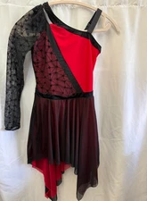 Revolution Dancewear Child Large Red Black 1 Sleeve Skirt Biketard Costume NWOT
