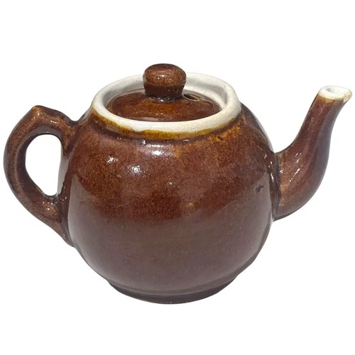 North Star Stoneware Tea Pot Mini Brown Red Wing Vtg 3.5” Lid Chipped Edge Spout