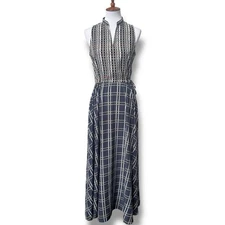 L.L Bean Signature Checkered Sleeveless Maxi Dress Navy Multi Women's Size 6
