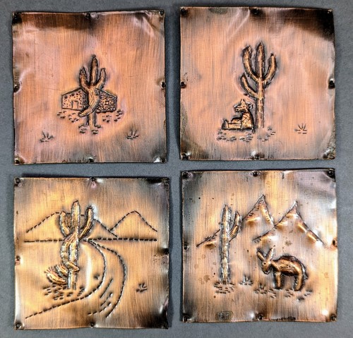 Set of 4 Vintage 1930s Hammered Copper Repoussé Desert Scenes - Arizona